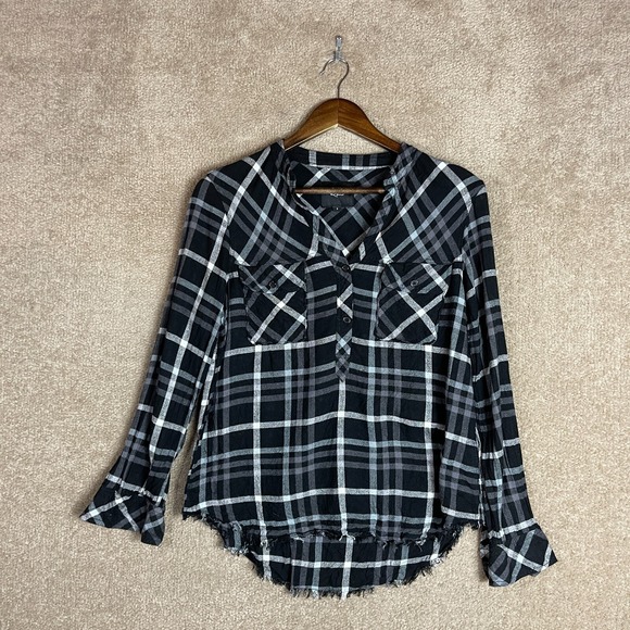 Rails Redding Shirt Womens Small S Ink Grey White Plaid Long Sleeve Frayed Hem - Picture 2 of 10